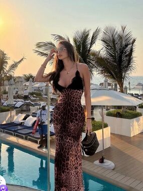 Leopard Print Maxi Dress with Black Lace Bodice